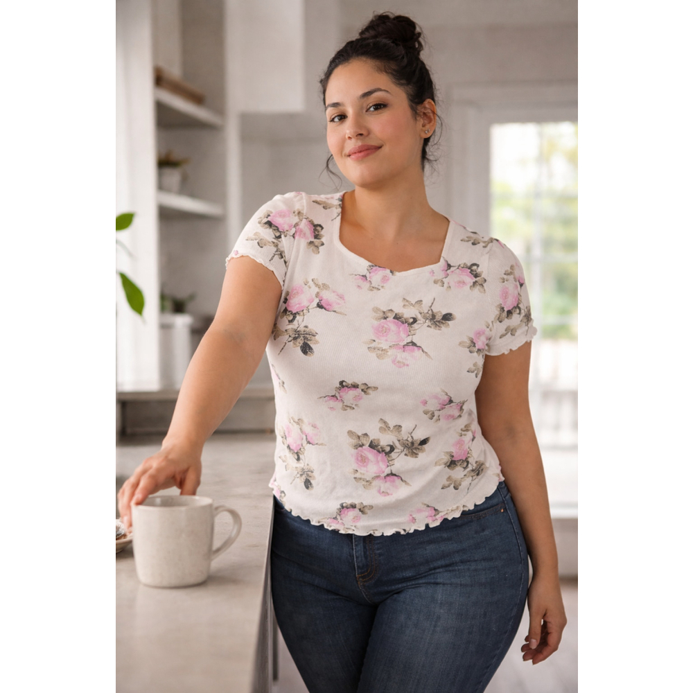 Levi's XL Floral Ribbed Stretch Tee Cream Pink Fitted Short Sleeve Cotton Blend